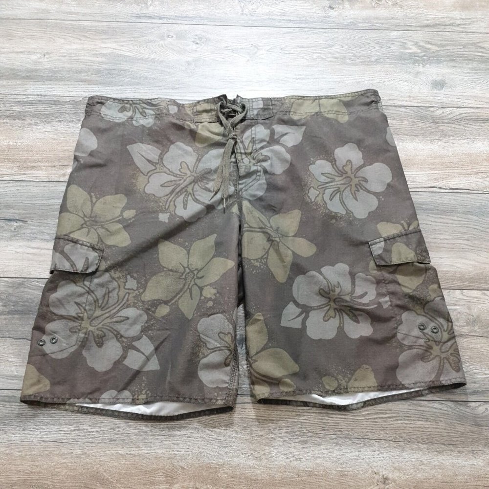 Hang Ten Mens XL Swim Trunks Board Shorts Hawaiian Floral Camo Print Lined Beach
